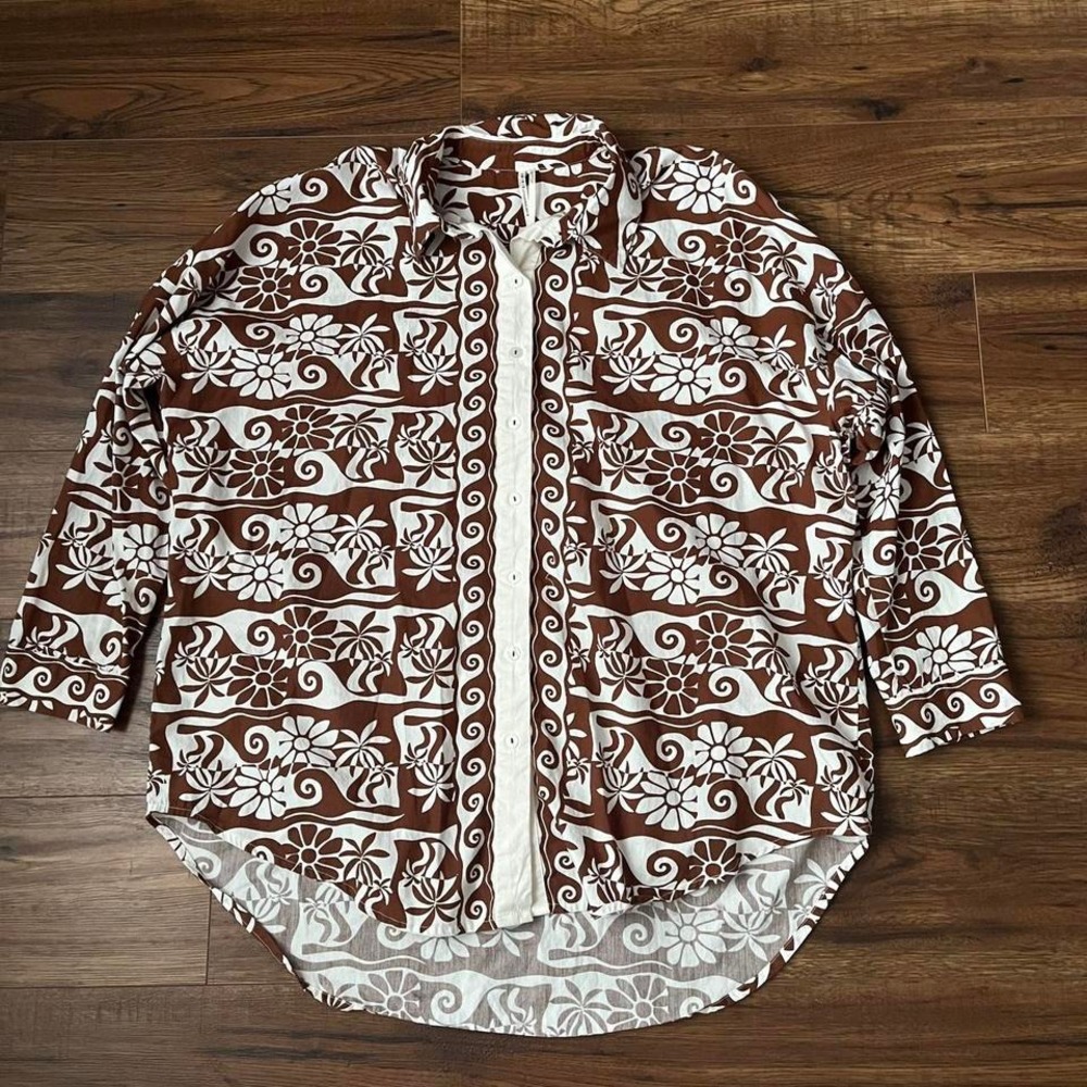 Anthropologie Brown White Floral Button Up‎ Shirt Oversized Boho Tropical Hippie
